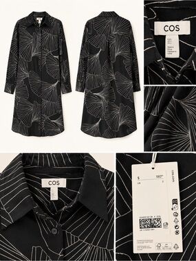 COS Black Button-Front Shirt Dress with White Abstract Leaf Print
